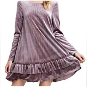 Easel Luxe Velvet Long Sleeve Ruffle Hem Dress Mocha Size M